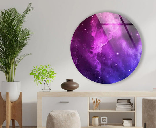 Radiant, galaxy-inspired purple smoke pattern is the loudest element in this abstract round hanging wall art, creating a cosmic and eye-catching centerpiece.