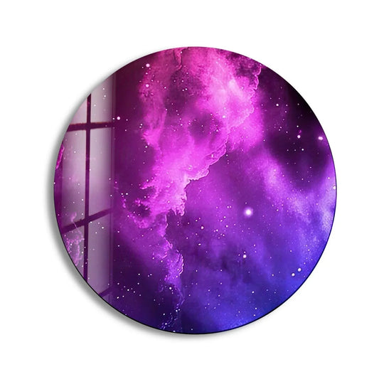 Alternating depths of color create a mesmerizing visual rhythm throughout this abstract round purple smoke print wall art, inviting the eye to explore its cosmic beauty.