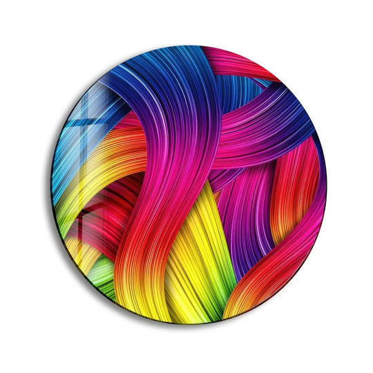 Visual rhythm is captured in this abstract round purple and yellow tempered glass wall art with its dynamically swirling, layered bands of vibrant color.