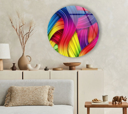 Neutral, textured wall offers a subtle backdrop, allowing the abstract round glass wall art's purple and yellow hues to pop and elevate the minimalist home decor.