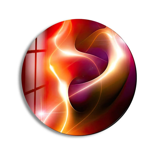 Highlighting the seamless edge and sleek border of this abstract round red and yellow glass wall art, perfect for modern home decoration.