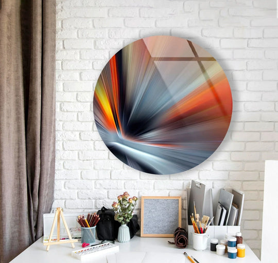 Centered in the image, the abstract round silver glass wall art decor showcases a dynamic burst of color and light, making it a modern accent piece.