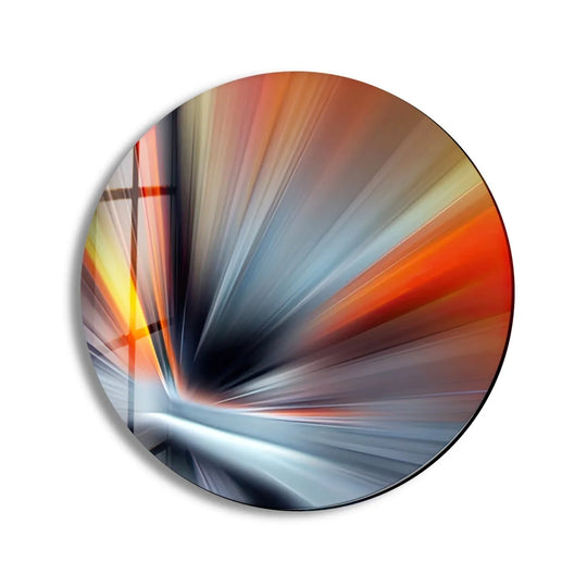 Layering effect is demonstrated in this abstract round silver glass art painting, with streams of color giving depth to the dynamic wall decor.