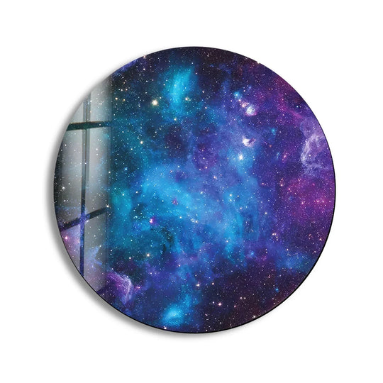 Soft, celestial nebula contrasts with sharp window reflections in this abstract vacuum of space art from glass wall decor, creating depth and ethereal beauty.