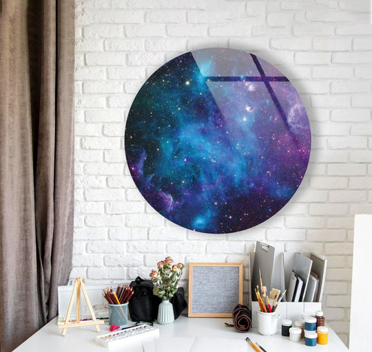 Swirling nebulas and celestial bodies in the abstract round vacuum of space create a sense of cosmic movement within this tempered glass wall art.