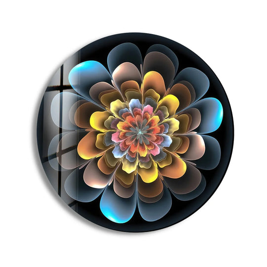 Vibrant hues radiate from the center of this abstract round yellow and blue glass wall art, making it a mesmerizing piece among wall art prints.