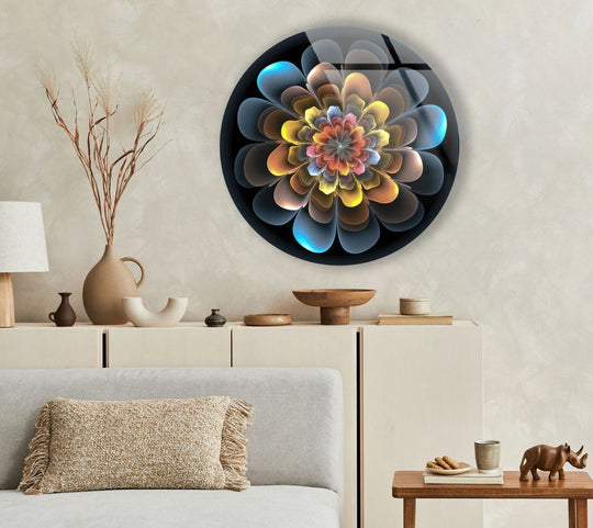 High-gloss finish enhances the depth and vibrancy of this abstract round yellow and blue glass wall art, a piece of unique modern wall decor.