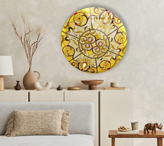 Warm-toned abstract round yellow glass hanging wall art radiates a golden glow, enhancing the room's serene and inviting color temperature.
