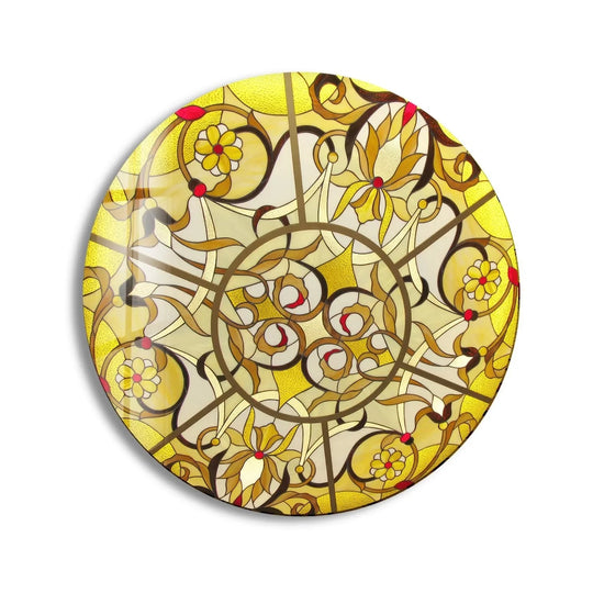 Illuminated by the sun, the brightest area highlights the abstract round yellow glass wall art, making it a stunning example of the best glass art.