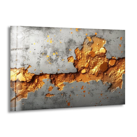 Abstract rusty metal glass art creates negative space with weathered textures and golden specks, perfect for hanging wall art.