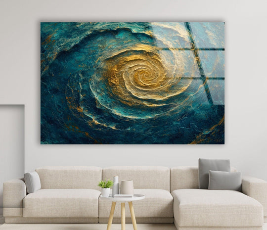 Abstract Sea Vortex glass wall art decor features the shimmering edge of a golden and teal vortex with glossy borders.