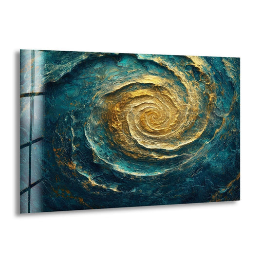 Abstract sea vortex glass wall art showcasing detailed textures and realistic depth in swirling turquoise and gold hues, perfect for unique modern wall decor.