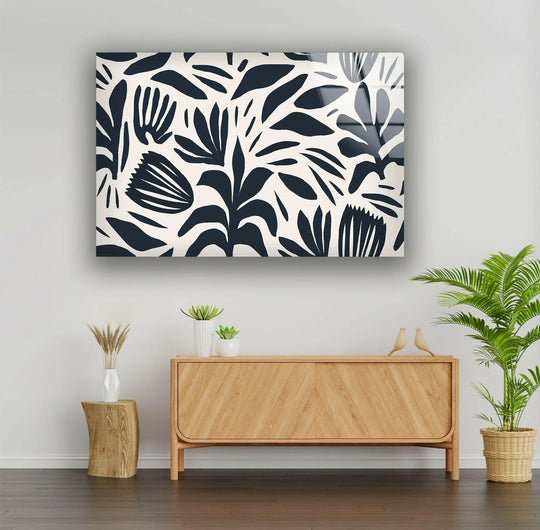 Flower glass wall art black and white abstract floral modern wall décor and leaf patterns creates an elegant leaf wall art on a white wall