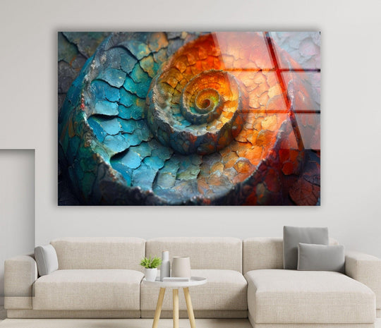 Mesmerizing abstract spiral art from glass, featuring a vibrant Fibonacci pattern in blue and orange hues.