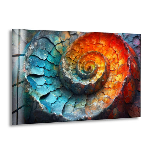 Smooth Fibonacci glass wall art decor features a captivating spiral with vivid blue, orange, and red scales.