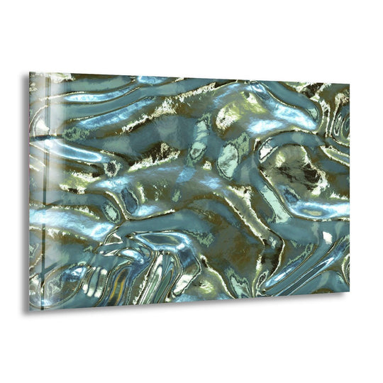 Abstract soft waves glass wall art features a shimmering transition from cool blues to earthy greens.