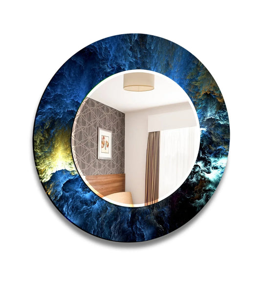 Abstract Space Round Mirror featuring blue yellow and dark fractal clouds a celestial accent and cosmic decor piece