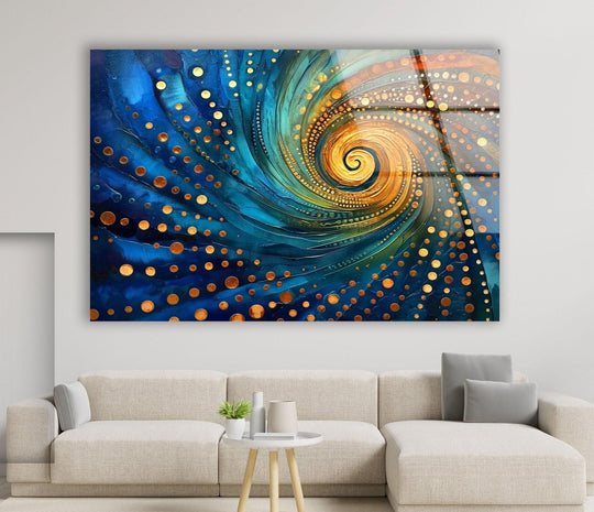 A mesmerizing swirl of golden and sapphire hues creates a captivating visual rhythm in this abstract glass home decor.