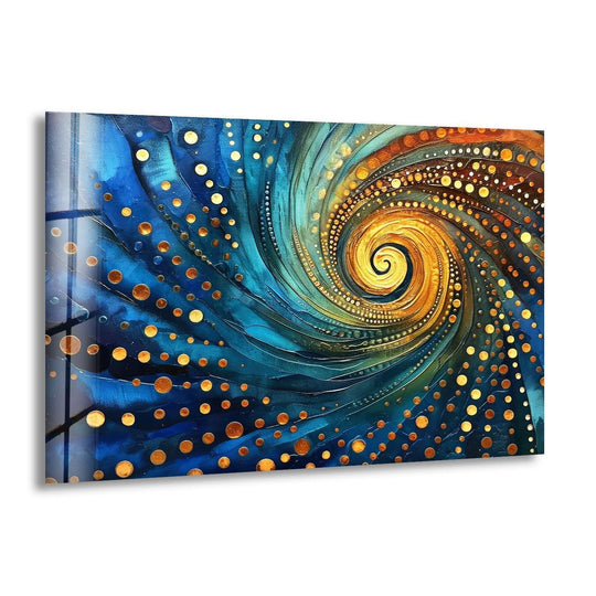 Abstract spiral fractal glass art painting captures swirling visual rhythm with golden dots on a deep blue background.