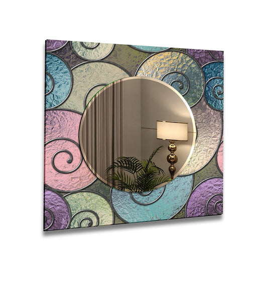 Abstract spiral wall mirror featuring multicolored textured spirals reflecting a room a unique decorative accent and artistic statement piece