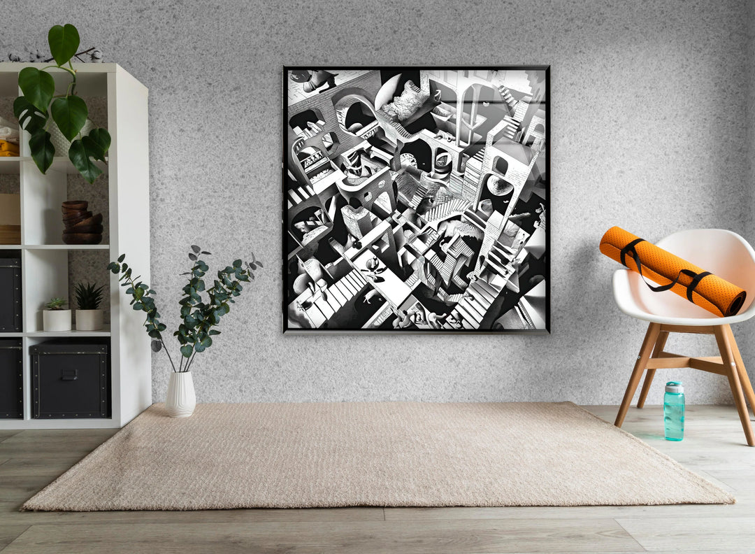 Monochrome Escher-inspired maze with twisting corridors and geometric shapes.