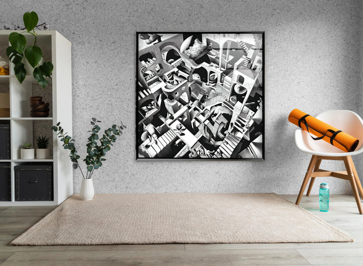 Monochrome Escher-inspired maze with twisting corridors and geometric shapes.