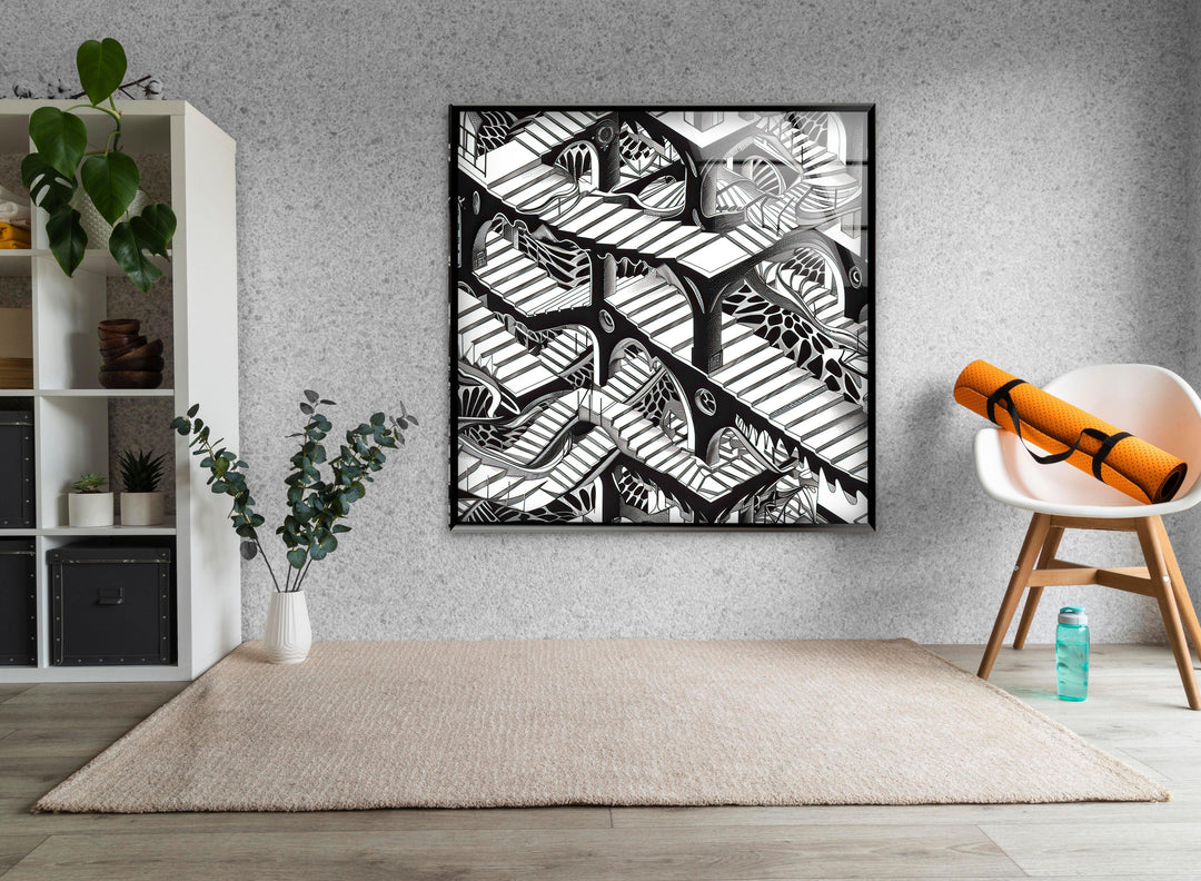 Surreal Escher-inspired labyrinth of staircases in detailed black and white.