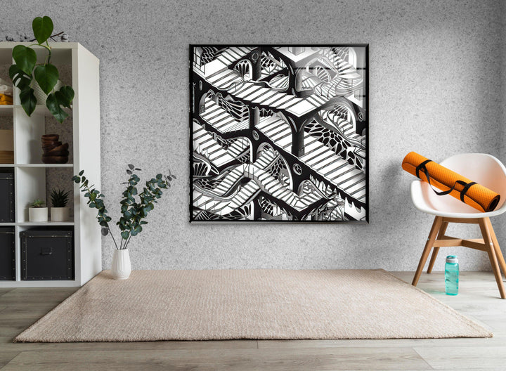 Surreal Escher-inspired labyrinth of staircases in detailed black and white.
