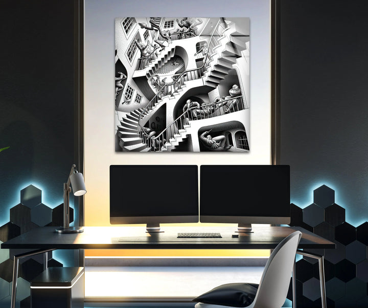 Surreal monochrome stairway artwork inspired by optical illusion architecture.