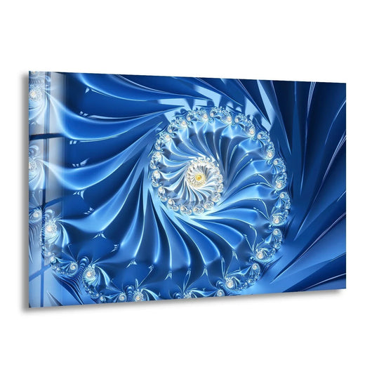 Deep blue hues and bright white accents create a striking color contrast on this abstract swirl glass wall artwork.