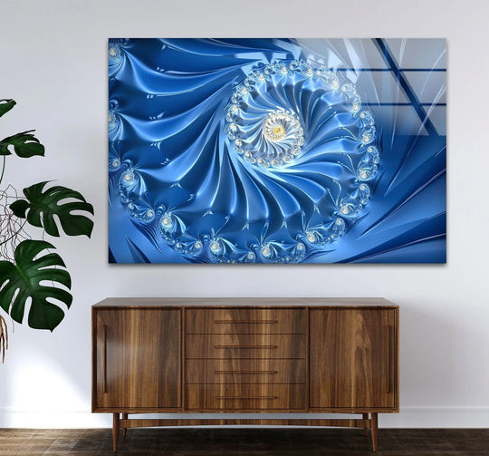Abstract swirl of blue fractal glass printing captures the eye with its vibrant, spiraling design.
