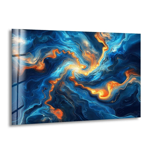Deep navy blue and fiery orange swirl together in this captivating glass wall art decor.