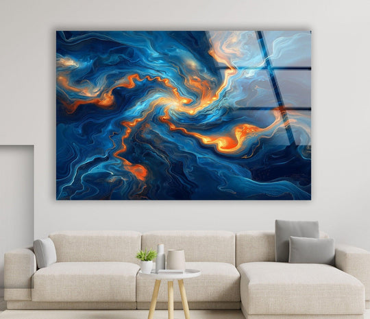 Deep navy blue swirls and cosmic dust dominate this striking abstract glass wall art, perfect for home decor.