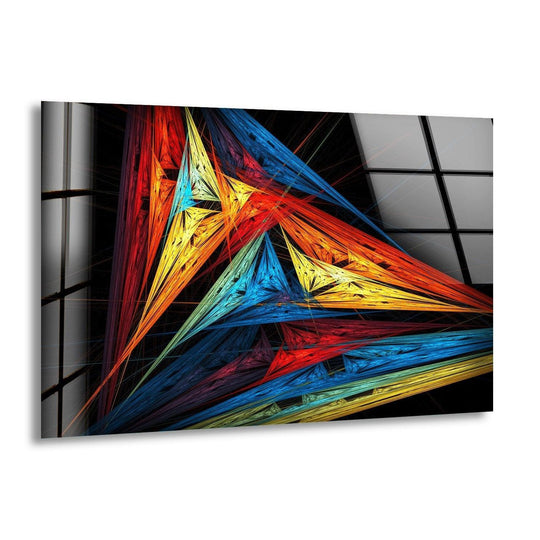 Reflected light and shadow play across this abstract glass wall art's vibrant, sharp geometric forms.