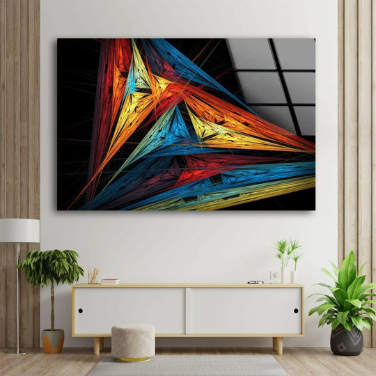 Triangles abstract glass wall art painting with vibrant geometric fractal shards in red, orange, blue, and yellow against a black background.