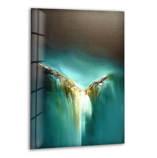 Abstract turquoise wall prints showcase a striking color contrast between deep blues and warm golden hues.