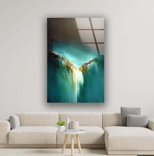 Abstract turquoise art glass wall art features a shimmering edge and border, showcasing stunning wall art prints.