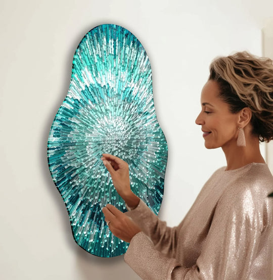 Cool color temperature dominates this abstract turquoise large glass wall art, creating a tranquil decorative wall art statement.