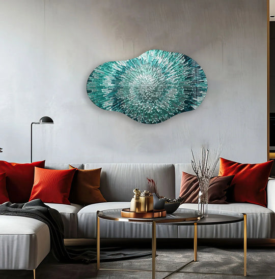 Rays of turquoise and white shards create a swirling vortex effect, showcasing the dynamic movement of this abstract turquoise large glass wall art decor.