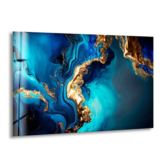 Swirling gold veins dance through deep sapphire and turquoise currents in this dynamic glass art.