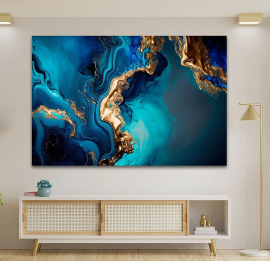 Dominant turquoise and deep blue abstract glass art with shimmering gold accents.