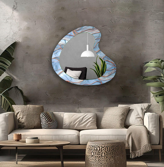Crafted with durable tempered glass and a vivid blue design, this abstract asymmetric mirror for wall decor offers lasting elegance as high-quality glass art.