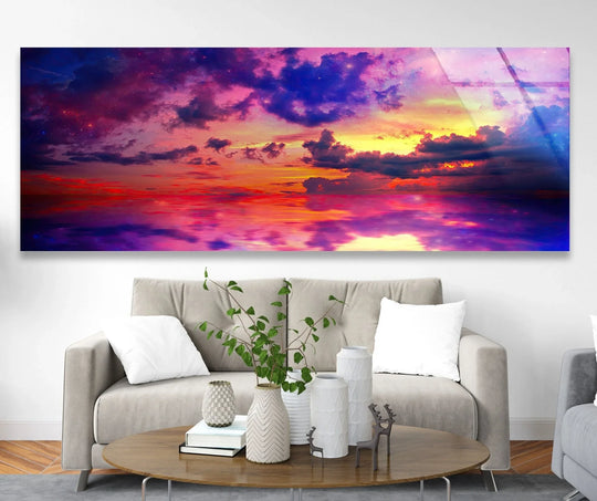 Panoramic glass wall art abstract vivid sky at sunset with colorful clouds and horizon decor and sunset wall art landscape painting on display