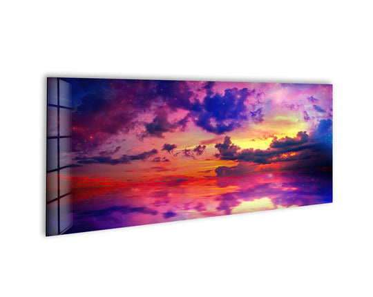 Panoramic abstract glass wall art vivid sky and sunset motif vibrant horizon decor and landscape art