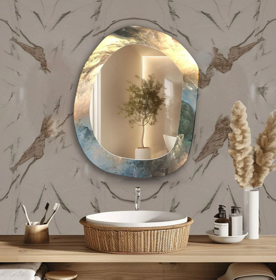 An asymmetric mirror with an abstract modern design features artistic reflections of a room and glowing light yellow and blue edges