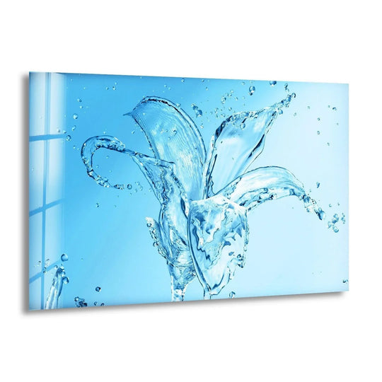 Light azure fades to pale blue in the background of this abstract water splash glass hanging wall art, creating a serene, aquatic atmosphere.