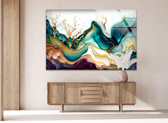 Fluid abstract glass art painting evokes dynamic movement through swirling emerald, gold, and purple waves.