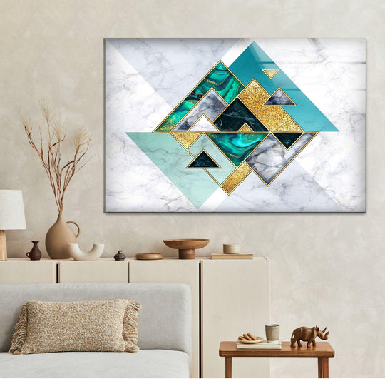 Geometric shards of teal, gold, and marble create a dynamic visual rhythm on this abstract wall art print.
