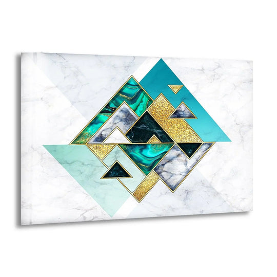 Abstract geometric shapes in emerald and gold seem to cascade and swirl across this stunning glass art.