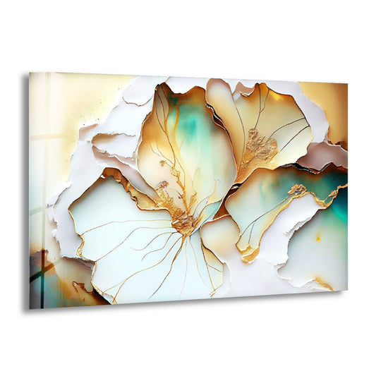 Abstract white-gold flower glass wall art with refined edges showcasing home decoration.